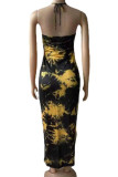 Cyan Sexy Print Patchwork High Opening Halter Pencil Skirt Dresses