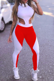 Red Casual Solid Patchwork O Neck Skinny Jumpsuits