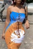 Orange Fashion Sexy Print Backless Spaghetti Strap Sleeveless Dress