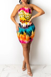 Colour Fashion Sexy Print Backless Spaghetti Strap Sleeveless Dress