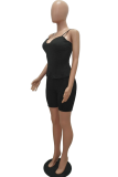Black Sexy Solid Split Joint Spaghetti Strap Sleeveless Two Pieces