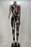 Black Fashion Sexy Print Hollowed Out Backless One Shoulder Skinny Jumpsuits