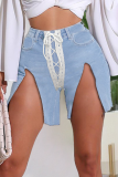 Deep Blue Casual Solid Draw String Skinny Mid Waist Straight Solid Color Plus Size Denim Shorts