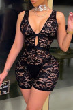 Black Fashion Sexy Solid Hollowed Out See-through V Neck Skinny Romper