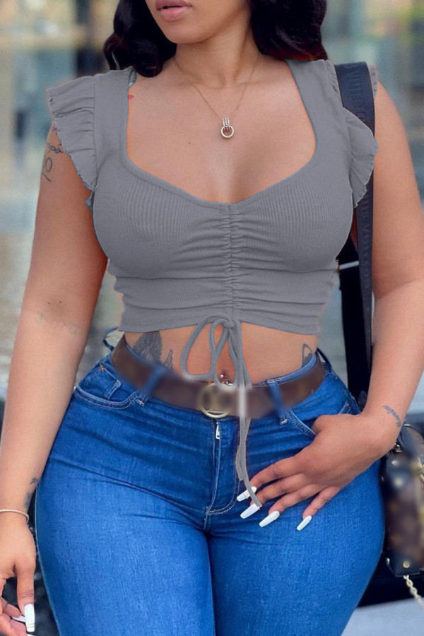 Grey Sexy Casual Solid Bandage V Neck T-Shirts