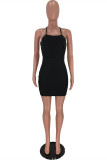 Black Fashion Sexy Solid Backless Strap Design Spaghetti Strap Sleeveless Dress