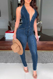 Blue Sexy Casual Solid Backless Halter Skinny Jumpsuits