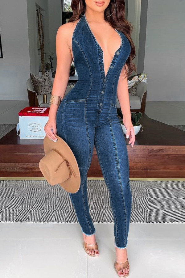 Blue Sexy Casual Solid Backless Halter Skinny Jumpsuits