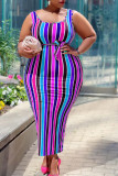 Multicolor Sexy Striped Print Split Joint U Neck Pencil Skirt Plus Size Dresses