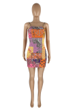 Red Sexy Print Patchwork Spaghetti Strap Pencil Skirt Dresses