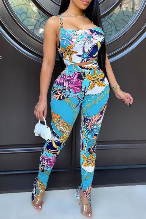 White Sexy Print Hollowed Out Spaghetti Strap Sleeveless Two Pieces