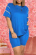 Light Blue Fashion Casual Solid Basic O Neck Short Sleeve Two Pieces