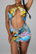 Blue Fashion Sexy Print Hollowed Out Backless Halter Sleeveless Dress Dresses