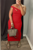 Red Fashion Sexy Solid Backless One Shoulder Sleeveless Dress