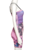 Pink Sexy Print Patchwork Spaghetti Strap Pencil Skirt Dresses