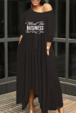 White Fashion Casual Letter Print Oblique Collar Irregular Dress