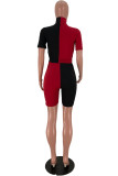 Fuchsia Fashion Casual Patchwork Basic Turtleneck Short Sleeve Two Pieces