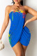 Blue Fashion Sexy Print Backless Strapless Irregular Dress