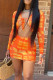 Tangerine Red Sexy Print Patchwork Frenulum V Neck Long Sleeve Two Pieces