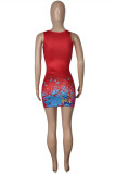 Red Sexy Casual Print Basic U Neck Vest Dress