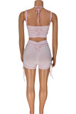 Pink Casual Solid Patchwork Fold Spaghetti Strap Sleeveless Two Pieces