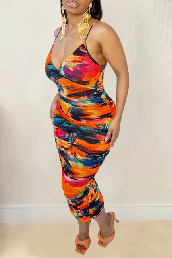 Tangerine Sexy Print Patchwork Spaghetti Strap Pencil Skirt Dresses