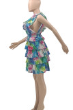 Multicolor Sweet Print Patchwork Flounce V Neck A Line Dresses