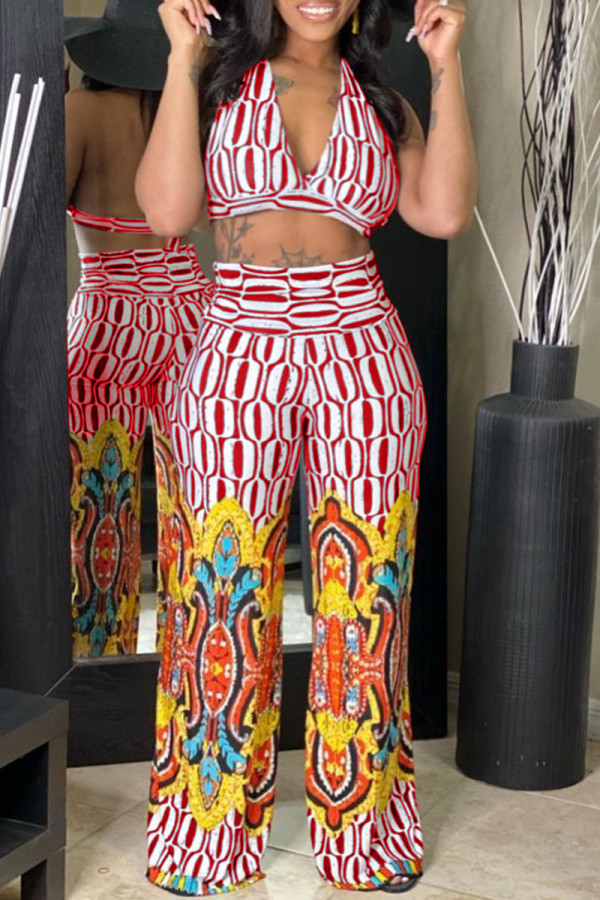 Red Sexy Casual Print Backless Halter Sleeveless Two Pieces
