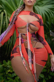 Light Green Fashion Sexy Print Bandage Hollowed Out O Neck Long Sleeve Dresses