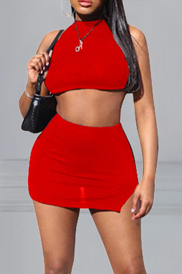Red Sexy Solid Patchwork O Neck Sleeveless Two Pieces