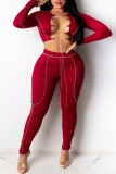Burgundy Sexy Solid Hollowed Out Patchwork Frenulum O Neck Long Sleeve Two Pieces