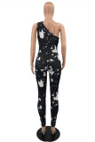 Grey Fashion Sexy Print Hollowed Out Backless One Shoulder Skinny Jumpsuits