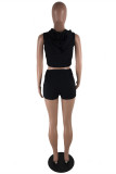 Black Fashion Casual Solid Ripped Hooded Collar Sleeveless Two Pieces