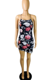 Black Sexy Print Patchwork Spaghetti Strap Pencil Skirt Dresses