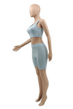 Sky Blue Casual Sportswear Solid Vests Square Collar Sleeveless Two Pieces