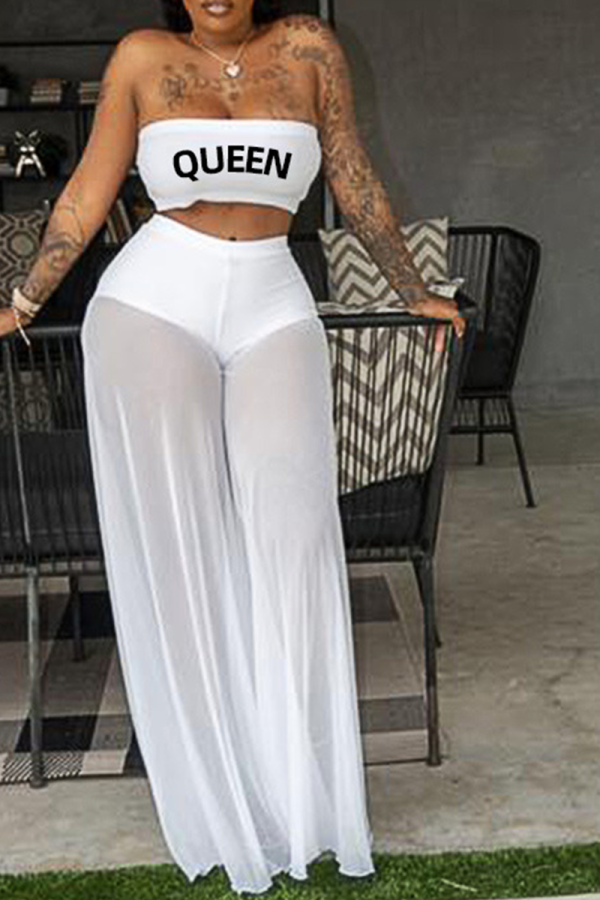 White Sexy Print Mesh Strapless Sleeveless Two Pieces
