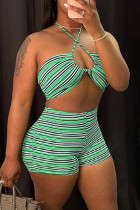 Light Green Fashion Sexy Striped Print Hollowed Out Backless Halter Sleeveless Two Pieces