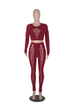 Burgundy Sexy Solid Ripped O Neck Long Sleeve Two Pieces