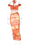 Orange Yellow Sexy Print Bandage Hollowed Out Patchwork Halter Pencil Skirt Dresses