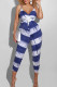 Blue Casual Print Patchwork Draw String Spaghetti Strap Skinny Jumpsuits