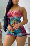 Blue Pink Sexy Print Patchwork Spaghetti Strap Skinny Rompers