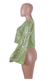 Fluorescent Green Sexy Solid Sequins O Neck Tops