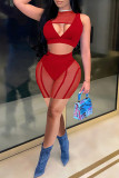 Red Fashion Sexy Patchwork Hollowed Out See-through O Neck Sleeveless Two Pieces