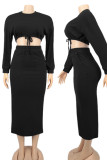 Rose Red Casual Solid Patchwork Frenulum Slit O Neck Long Sleeve Two Pieces