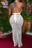 White Sexy Print Bandage See-through Backless Halter Sleeveless Two Pieces