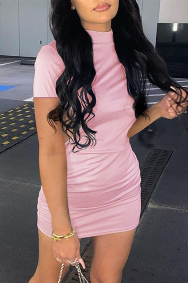 Pink Sexy Casual Solid Backless Half A Turtleneck Short Sleeve Dress