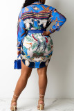Multicolor Casual Print Patchwork Buckle Turndown Collar Shirt Dress Dresses