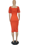 Red Sexy Casual Solid Basic V Neck Short Sleeve Dress