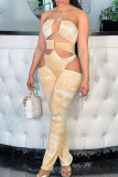 Beige Fashion Sexy Print Hollowed Out Backless Halter Skinny Jumpsuits