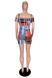 Red Sexy Casual Plaid Print Hollowed Out Backless Off the Shoulder Short Sleeve Two Pieces
